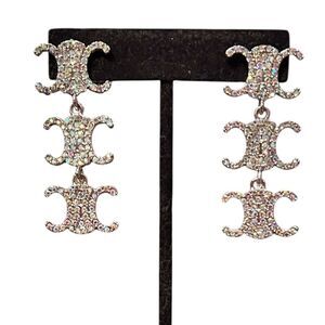 Designer Inspired Silver Tone AB Crystal Logo Dangle Earrings